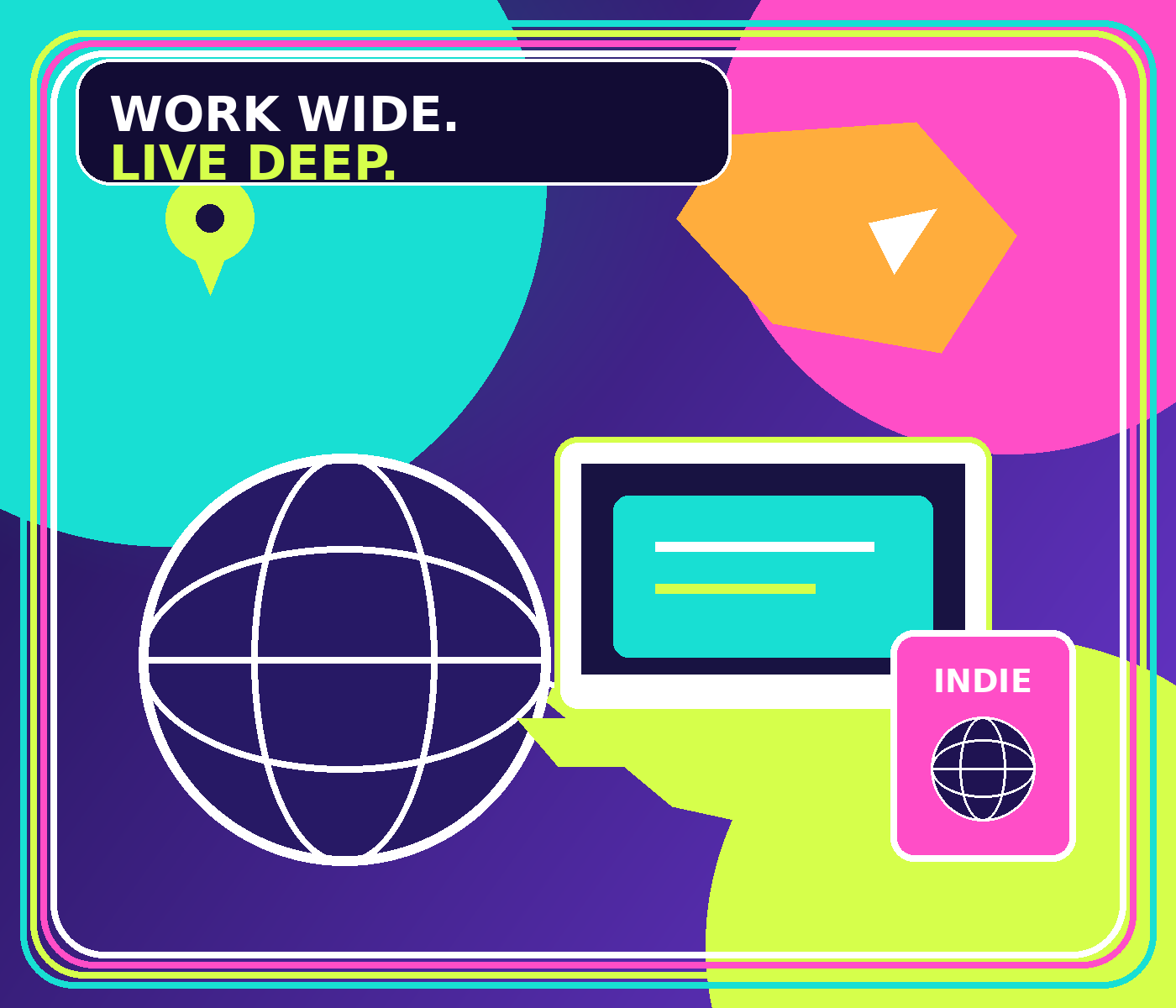 Colorful illustrated world, laptop, passport, location pin, and travel route for Indie Nomads